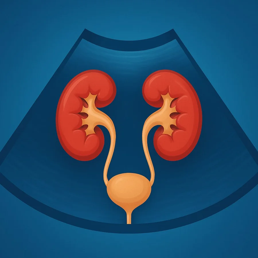 Illustrazione ecografia reni e vie urinarie